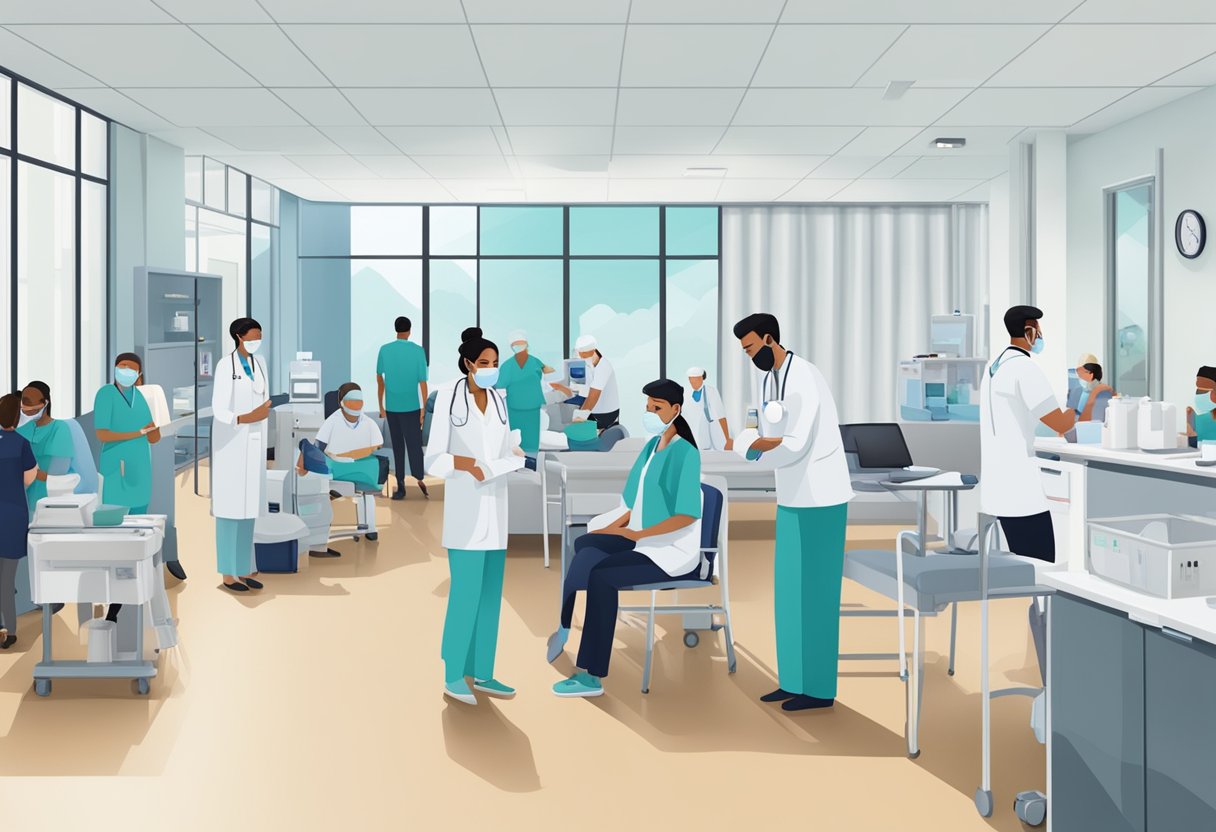 A bustling clinic with Sinovac-CoronaVac signage, patients waiting, and medical staff administering vaccines