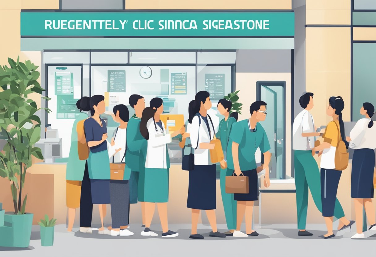 A crowded clinic with people lining up, a sign reading "Frequently Asked Questions Sinovac Clinic Singapore" on the wall, and medical staff assisting patients