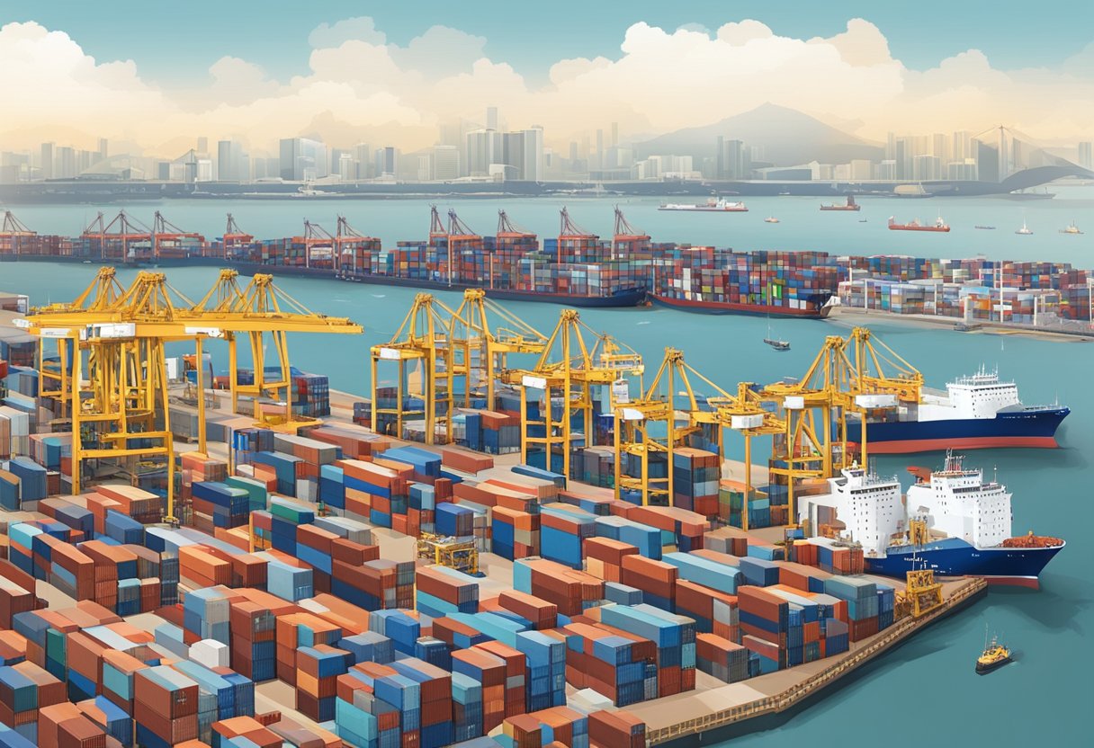 A bustling port in Singapore, with cargo ships unloading at SPX Express terminal, surrounded by cranes and containers