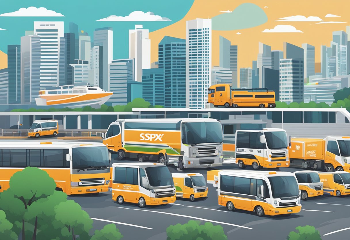 A bustling Singapore cityscape with SPX Express trucks delivering packages to various e-commerce businesses, showcasing the company's integral role in the local e-commerce landscape