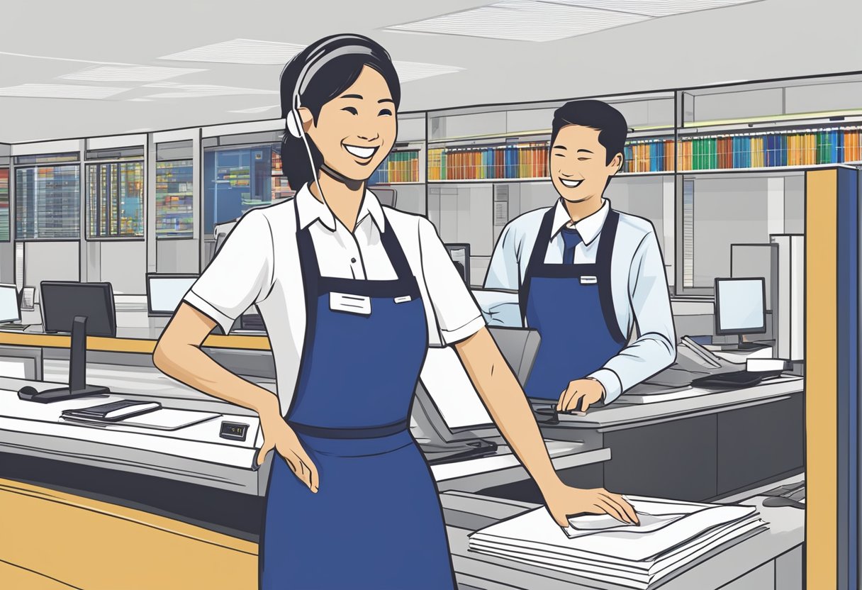 A customer service representative assists a client with a smile at SPX Express in Singapore, ensuring high service quality