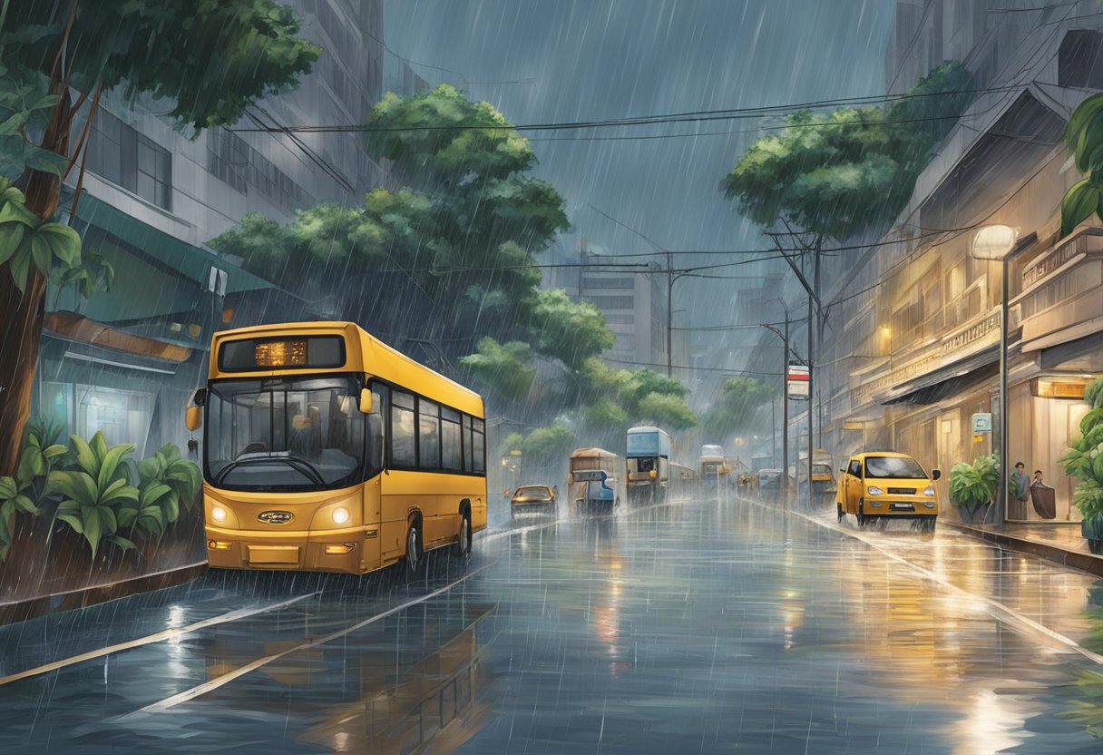Torrential rain pours down on the bustling streets of Singapore, causing flash floods to rapidly engulf the urban landscape
