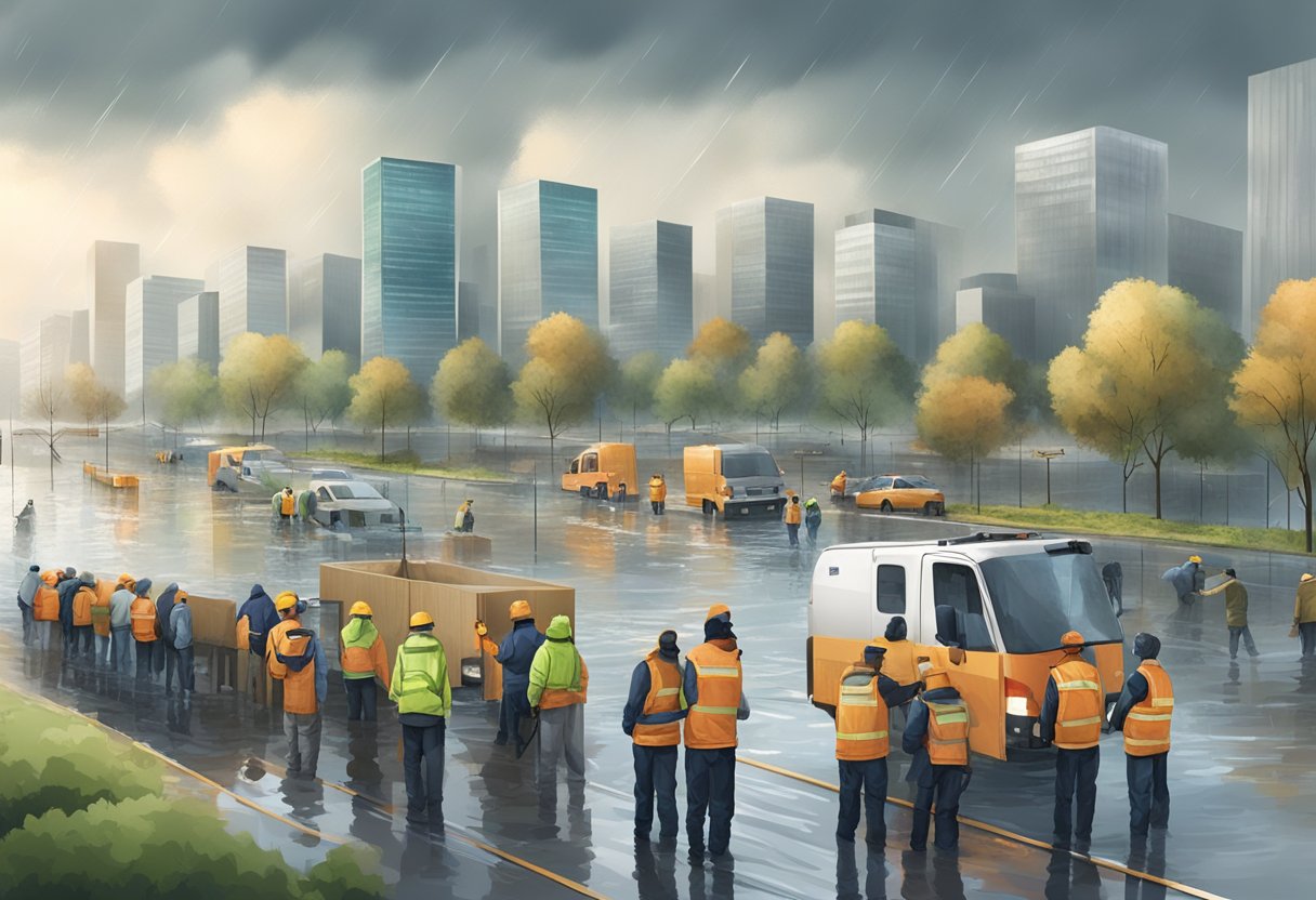 A city skyline with heavy rain and rising water levels, emergency response teams deploying flood barriers and sandbags, and people evacuating to higher ground