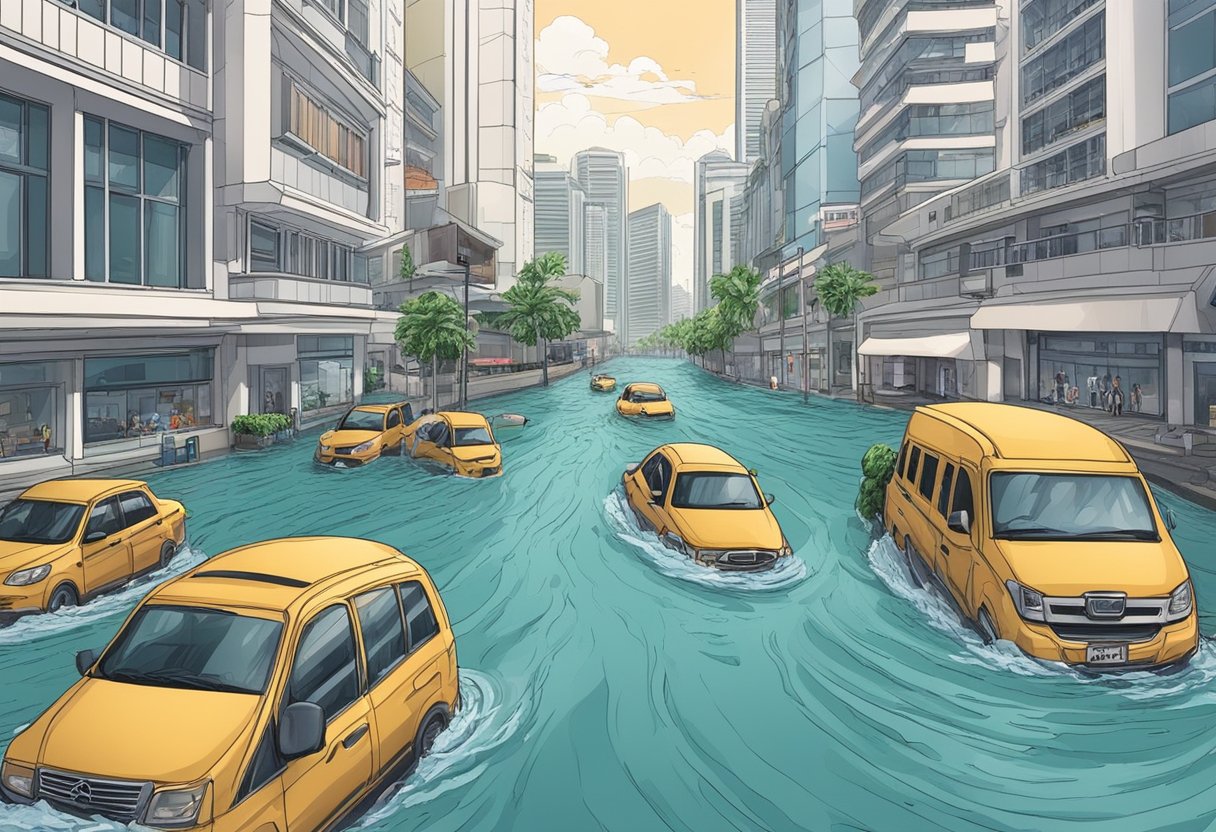 A city street in Singapore floods rapidly, with water rising and engulfing cars and buildings