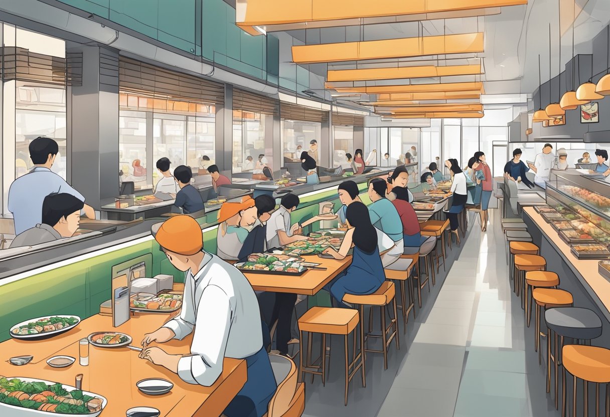 A bustling sushi restaurant in Singapore, with colorful plates of fresh sushi lining the counter and diners enjoying their meals at the sleek, modern tables