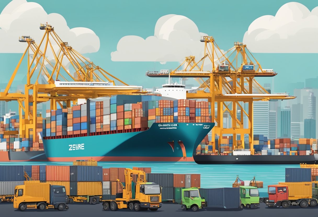 A cargo ship unloading at a bustling port in Singapore. Cranes and containers fill the scene, with workers and machinery in motion