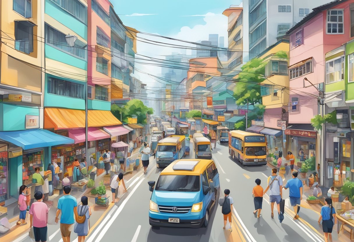 A bustling street in Tamiya, Singapore with colorful storefronts and busy pedestrians