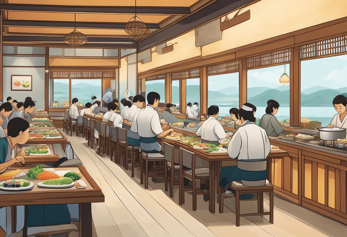 A bustling sushi restaurant in Singapore, with chefs expertly crafting colorful and delicate sushi rolls. Customers eagerly sample the fresh and flavorful dishes, surrounded by traditional Japanese decor