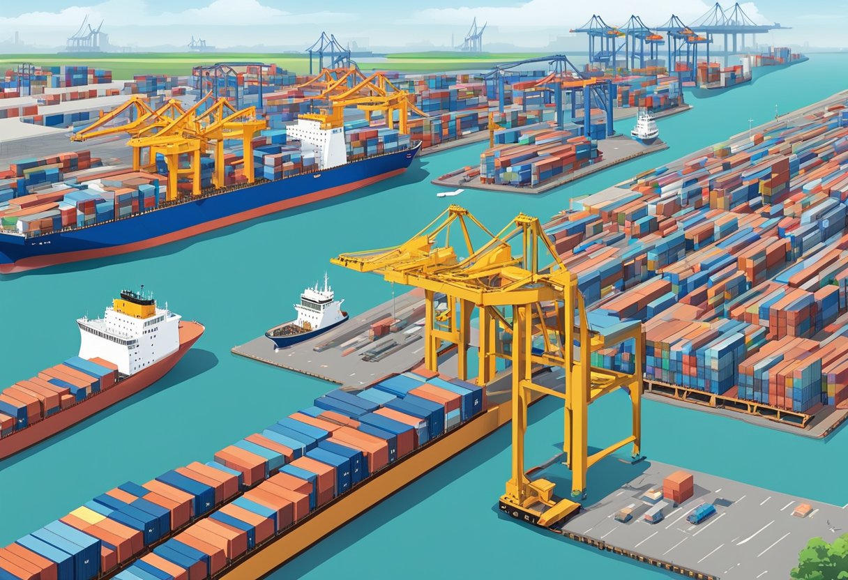 A bustling Singapore port with cargo ships being loaded and unloaded by cranes, trucks transporting goods, and freight forwarders coordinating logistics