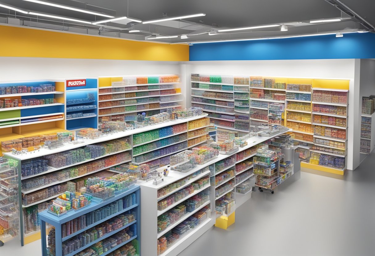 Aerial view of Tamiya Singapore store with colorful model kits, tools, and accessories on display. Brightly lit shelves and workstations
