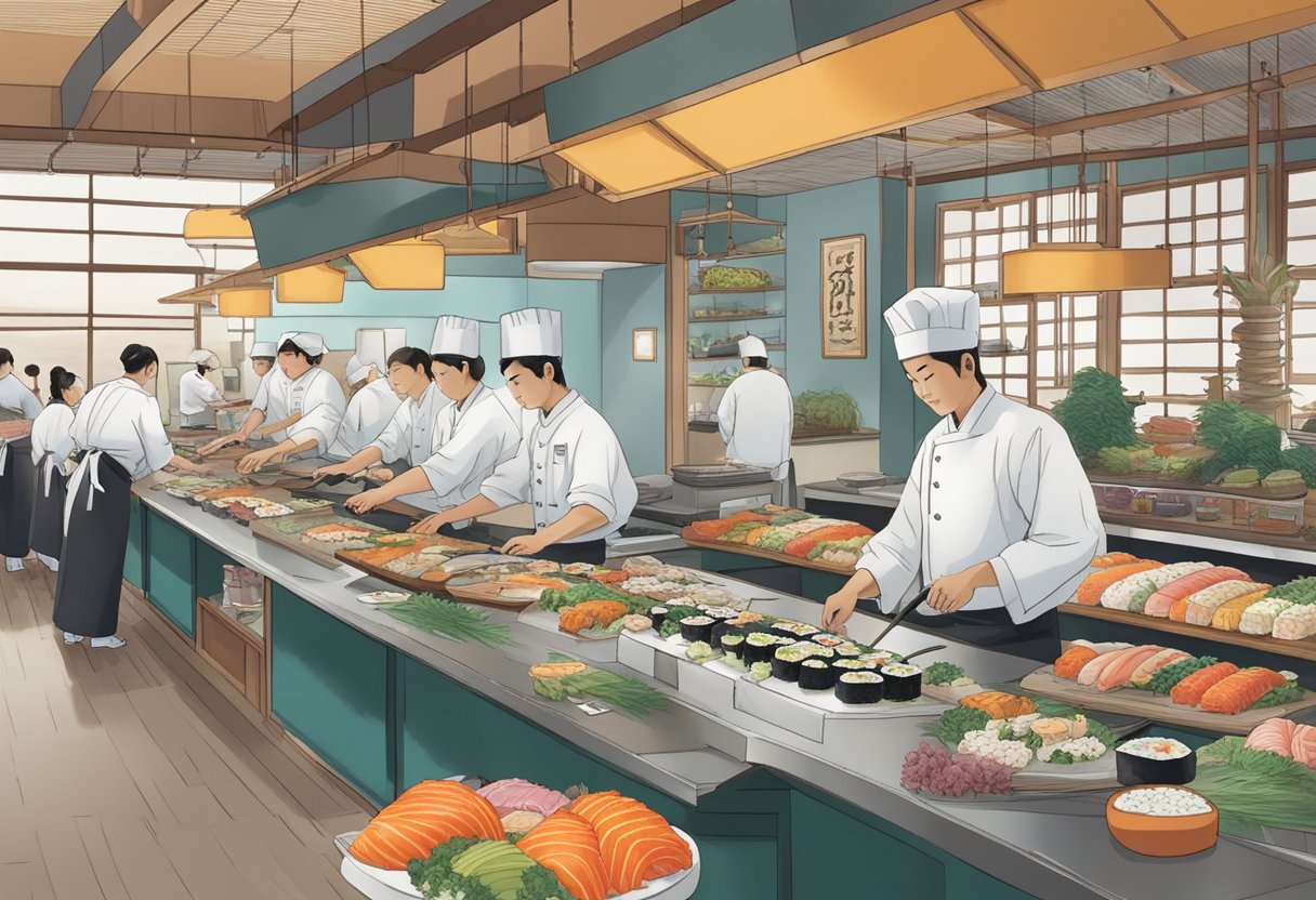 A busy sushi bar with chefs slicing fish, customers chatting, and colorful plates of sushi lined up on the counter