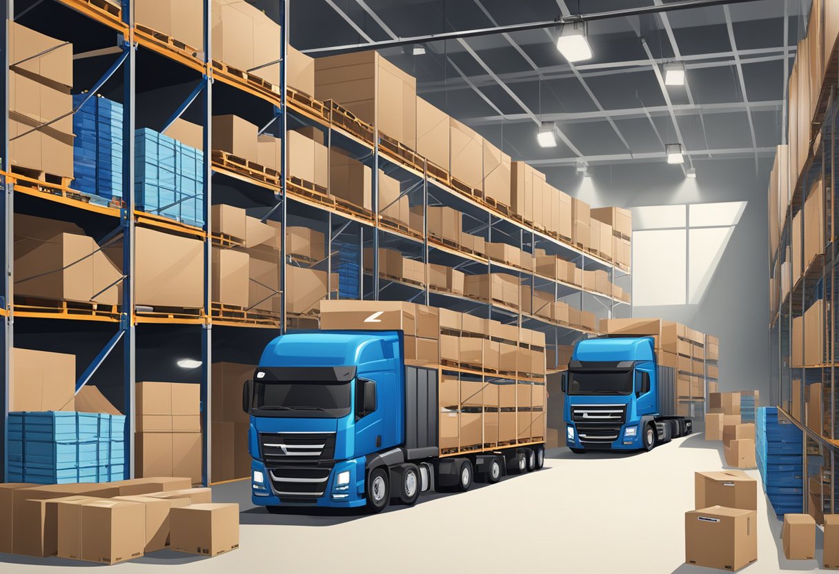 A warehouse with neatly stacked crates, trucks loading and unloading, and a busy office coordinating shipments