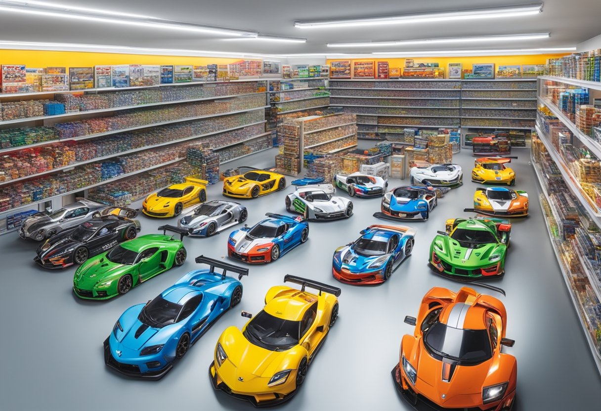 A colorful display of Tamiya model kits and accessories in a bustling Singaporean hobby shop