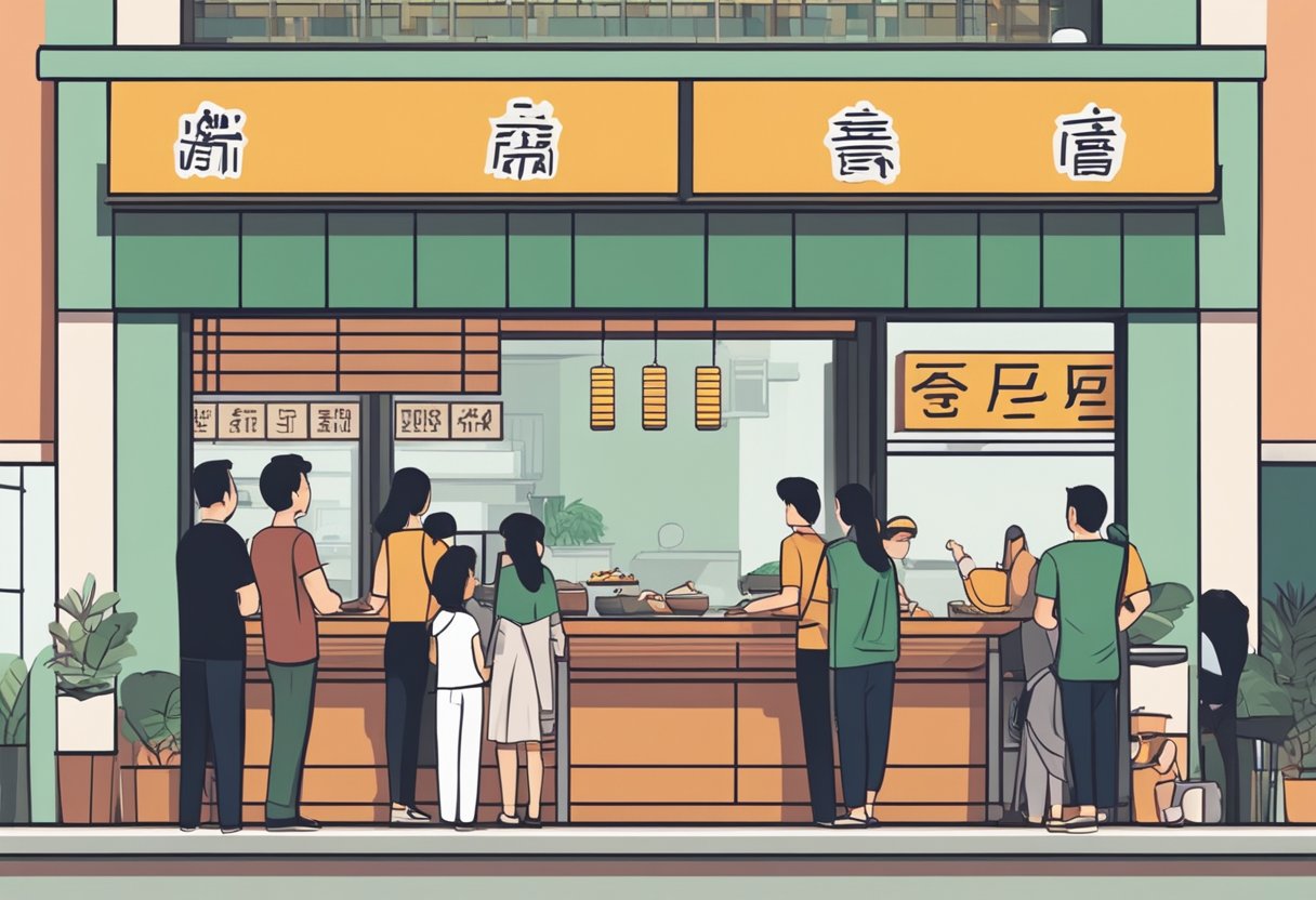 Customers lining up outside a modern sushi restaurant in Singapore, with a sign displaying "Frequently Asked Questions" in bold letters