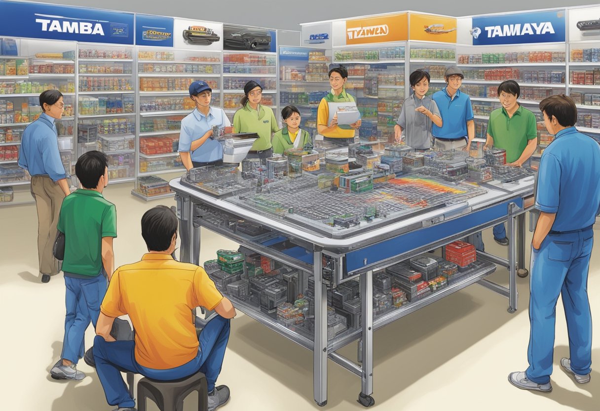 A table with Tamiya products displayed, surrounded by customers asking questions to staff