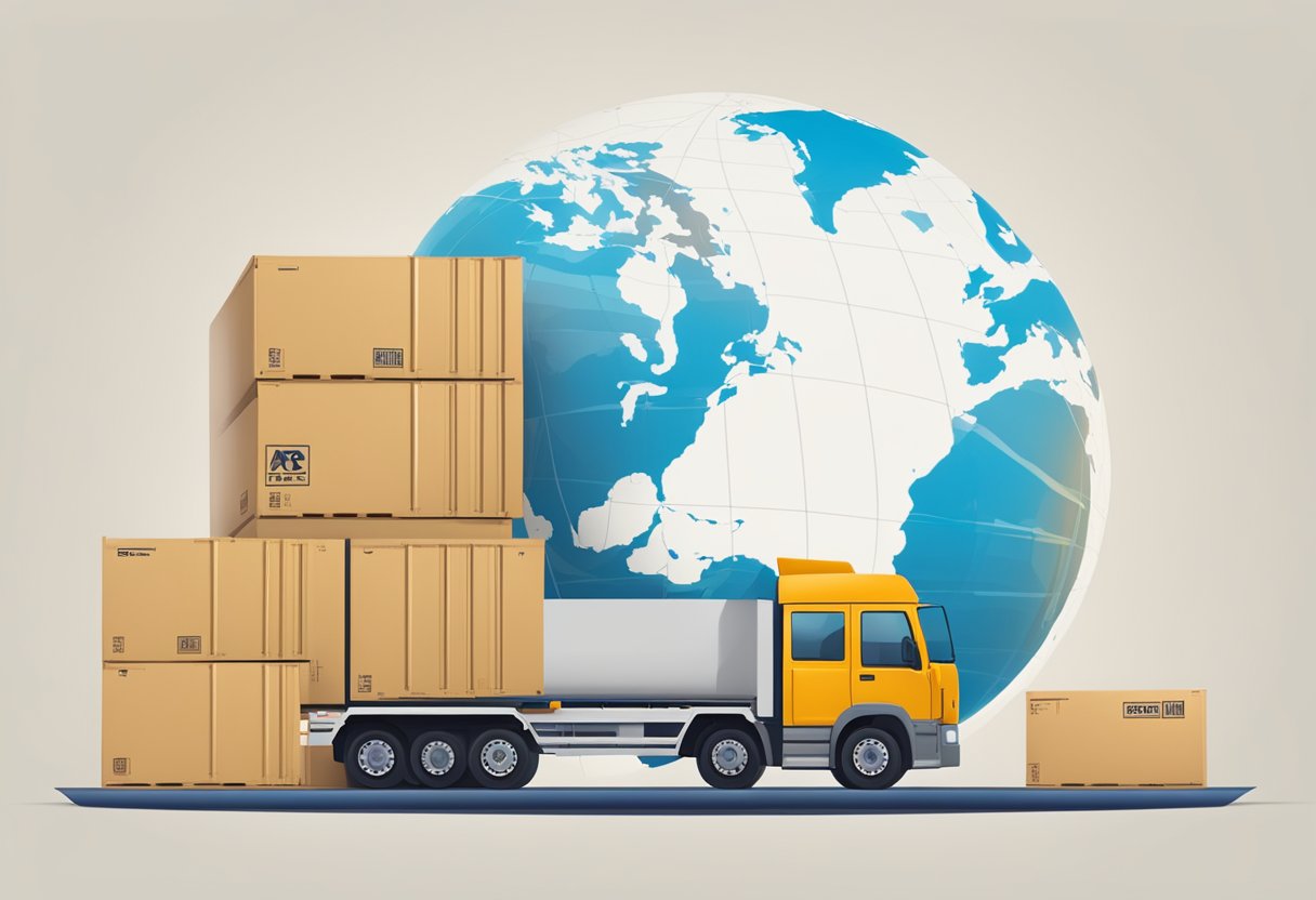 A stack of FAQ documents with a Singapore forwarder logo, surrounded by a globe and cargo boxes