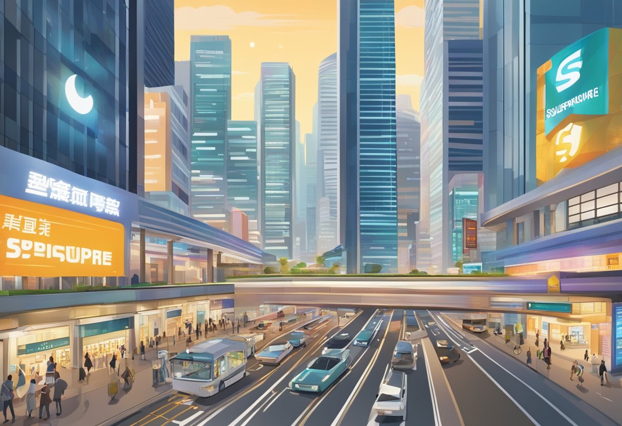 A bustling financial district with skyscrapers and a prominent sign reading "fundsupermart singapore." Bright lights and busy streets convey a sense of activity and prosperity