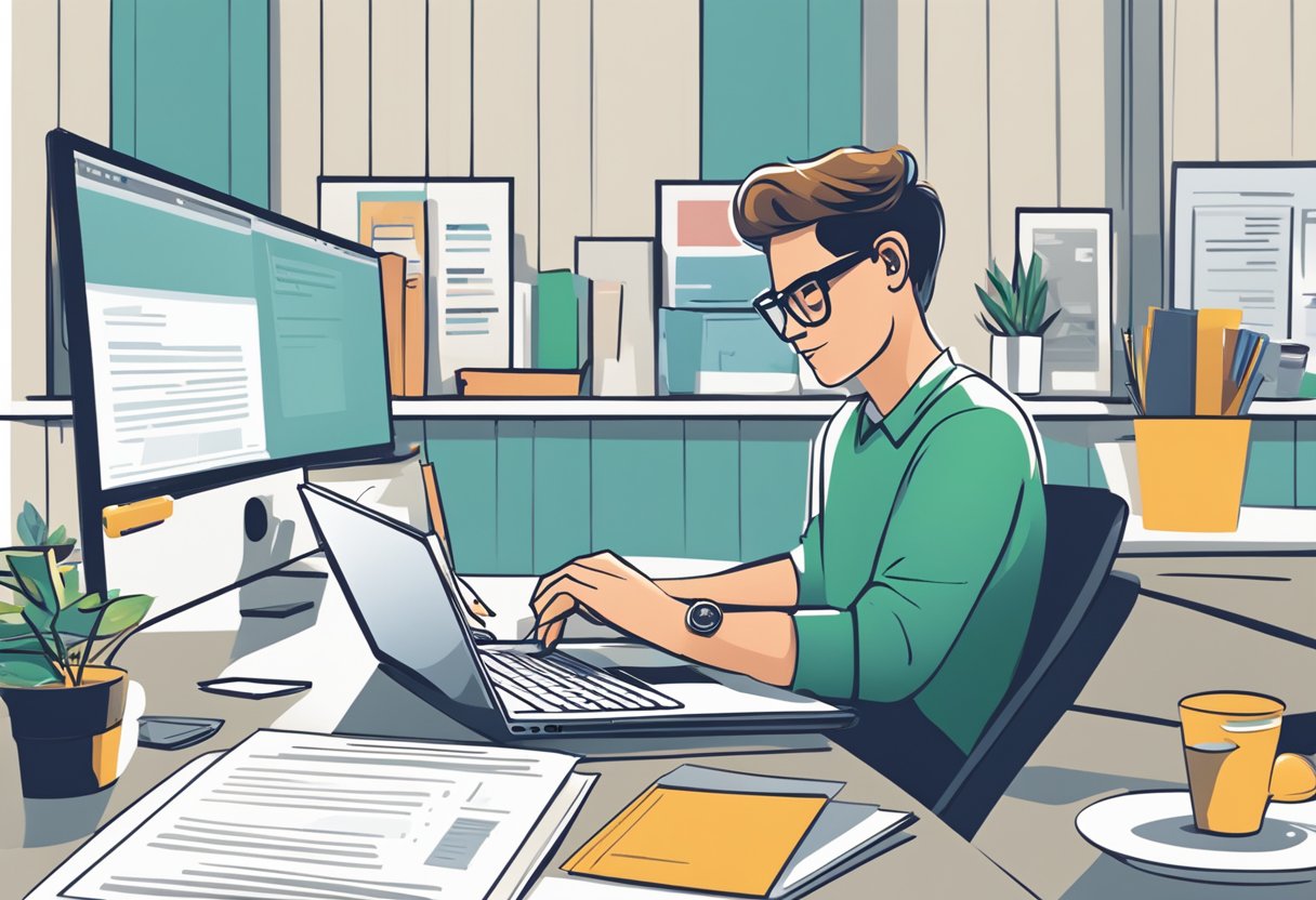 A person sits at a desk with a laptop open, browsing the Fundsupermart website. A stack of investment documents and a pen are nearby