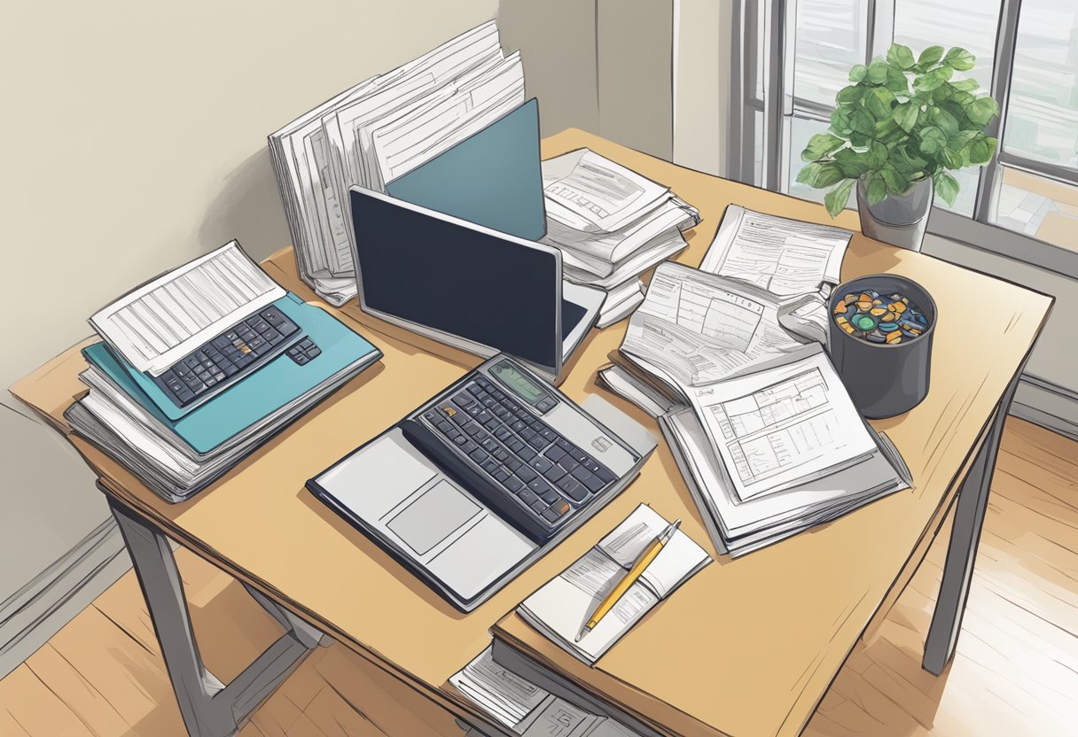A desk with a laptop, papers, and a calculator. A shelf with investment books and a folder labeled "Portfolios." A chart showing fee structures