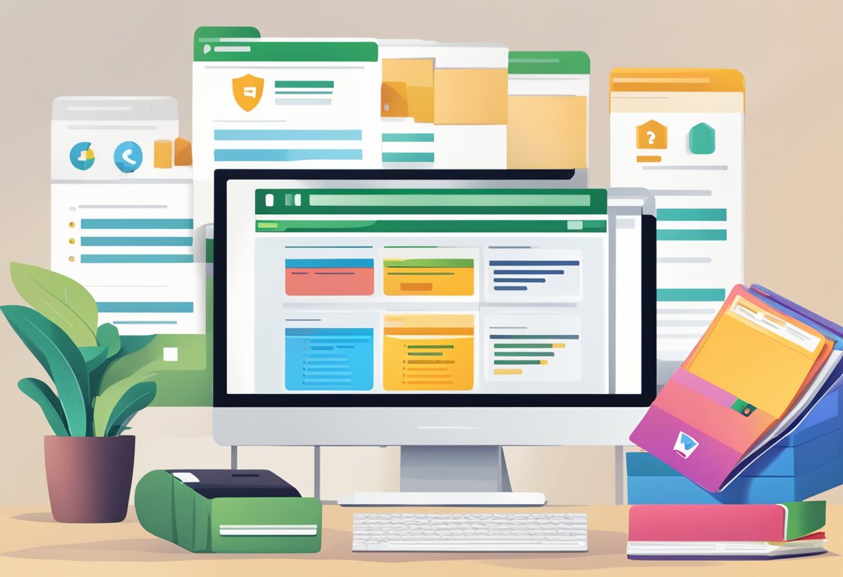 A stack of FAQ documents with Fundsupermart logo, a computer screen showing website, and a customer service representative assisting a client