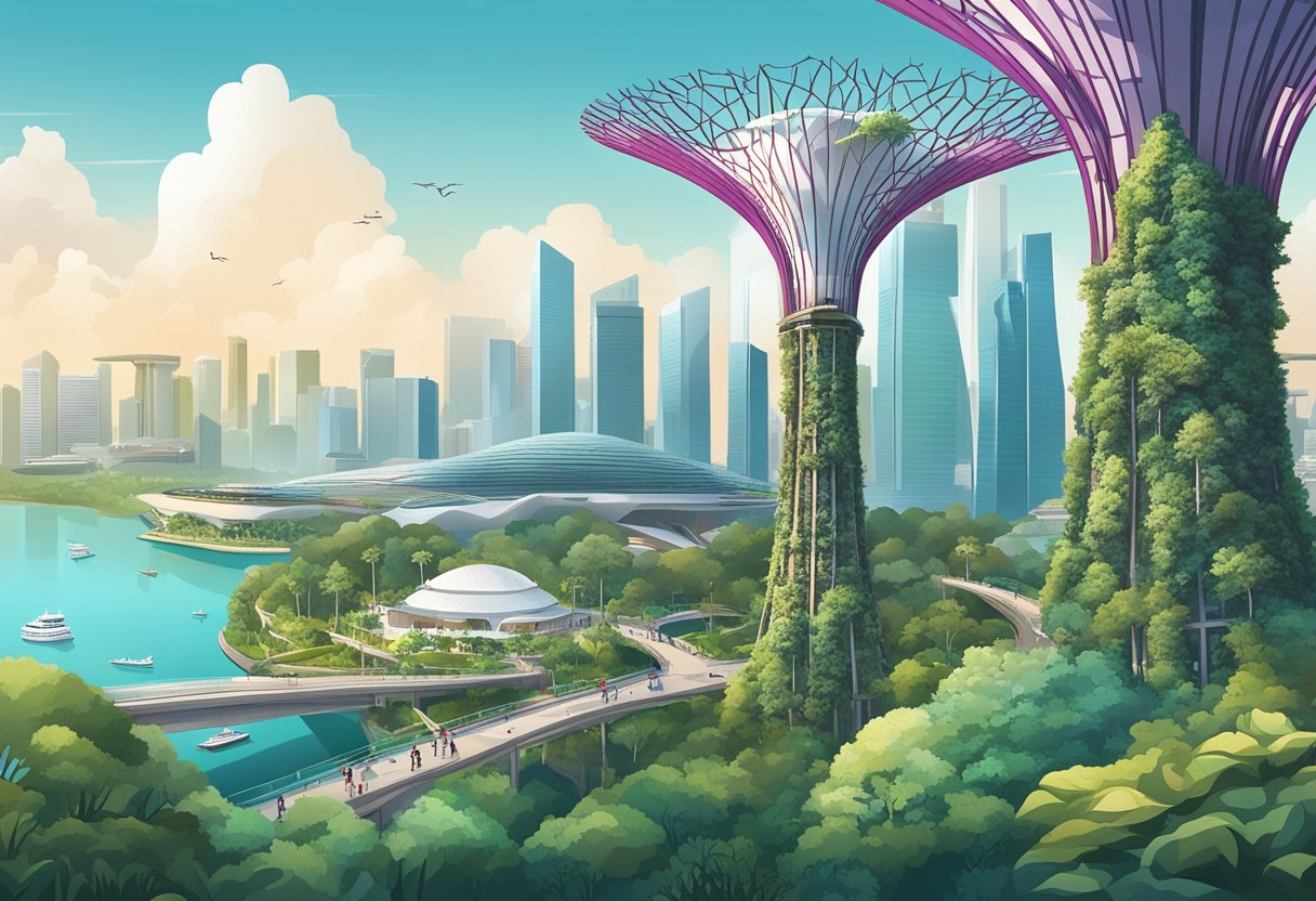 A bustling cityscape with iconic landmarks like the Marina Bay Sands, Gardens by the Bay, and the futuristic skyline of Singapore
