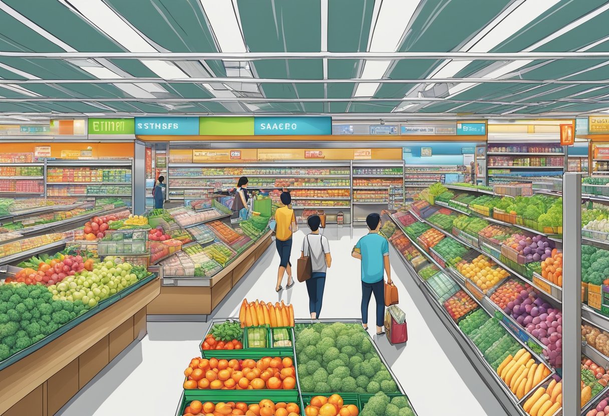 A bustling giant supermarket in Singapore with colorful aisles and busy shoppers