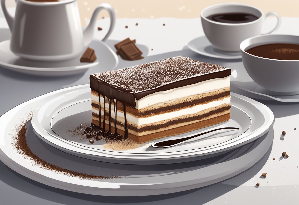 A slice of tiramisu on a white plate, surrounded by a drizzle of chocolate sauce and a sprinkle of cocoa powder, with a dusting of powdered sugar on top