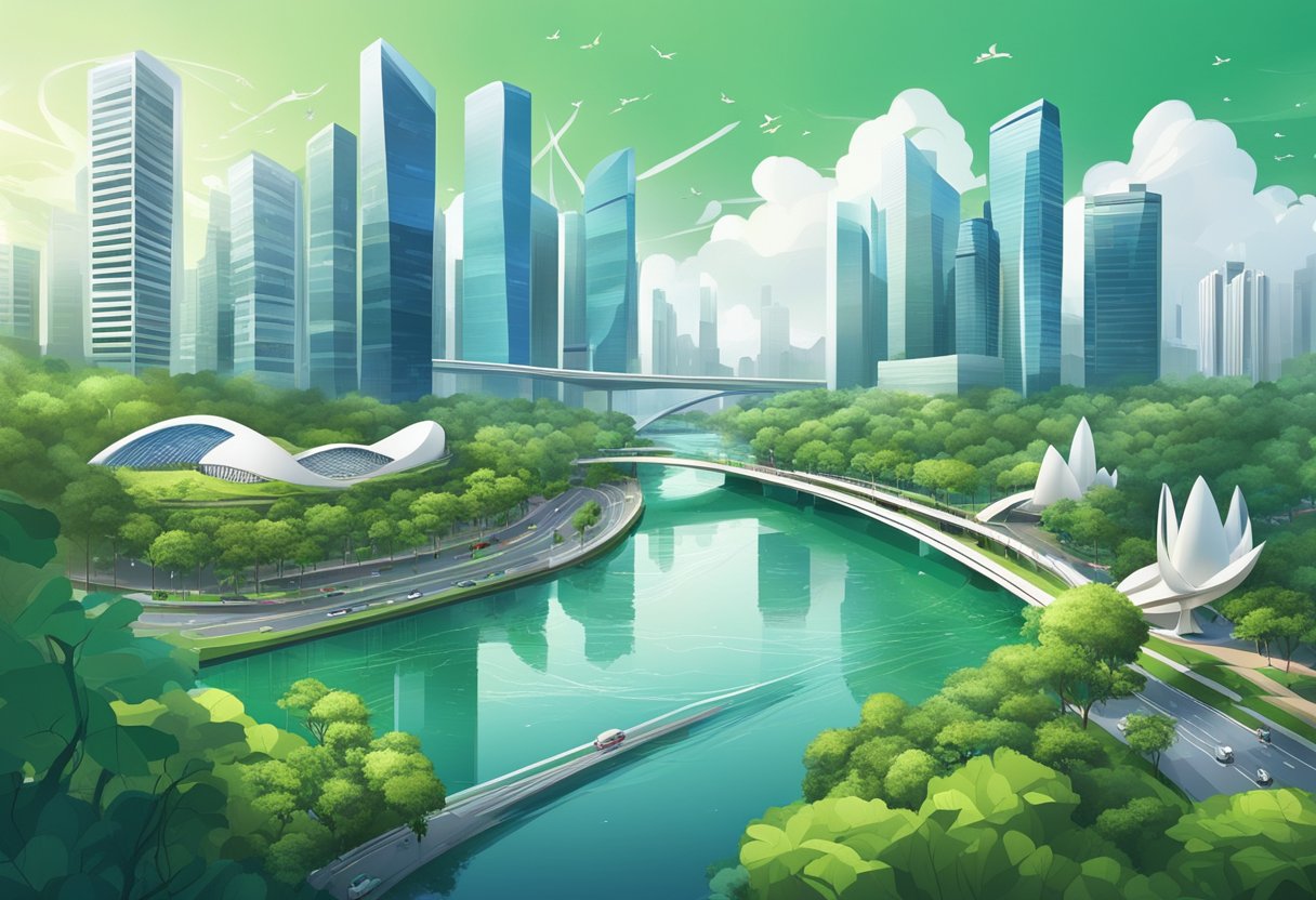 A bustling cityscape in Singapore, with data streams flowing through skyscrapers and intertwining with green parks and waterways