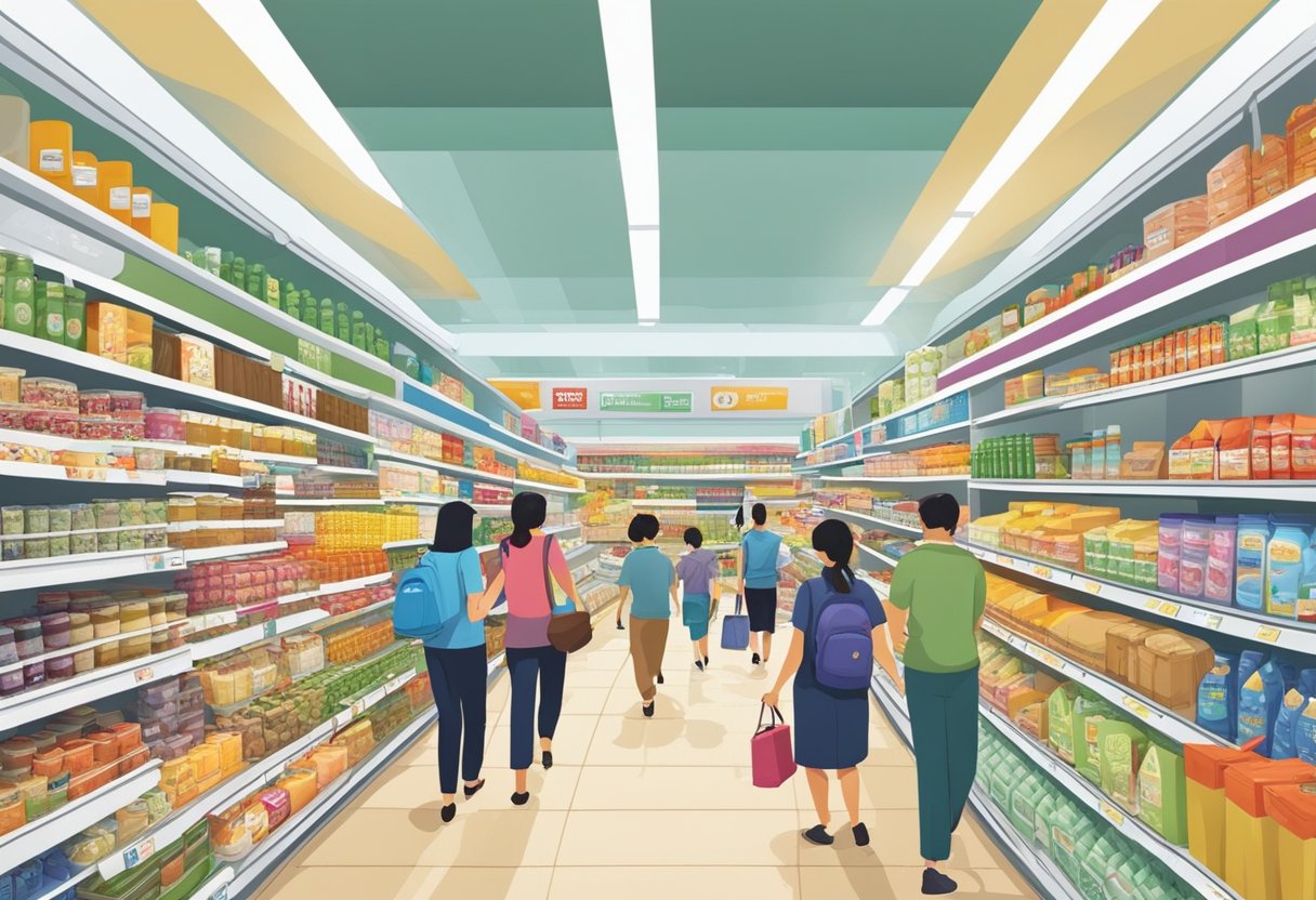 Customers browse aisles of Giant supermarket, Singapore. Shelves are stocked with various products, and the atmosphere is bustling with activity