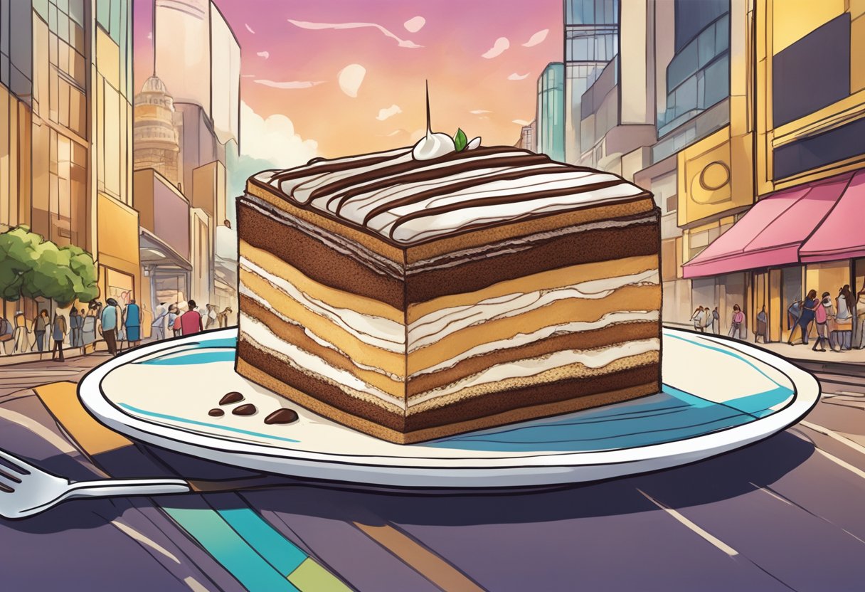 A fork digs into a luscious tiramisu, surrounded by vibrant, bustling streets of Singapore