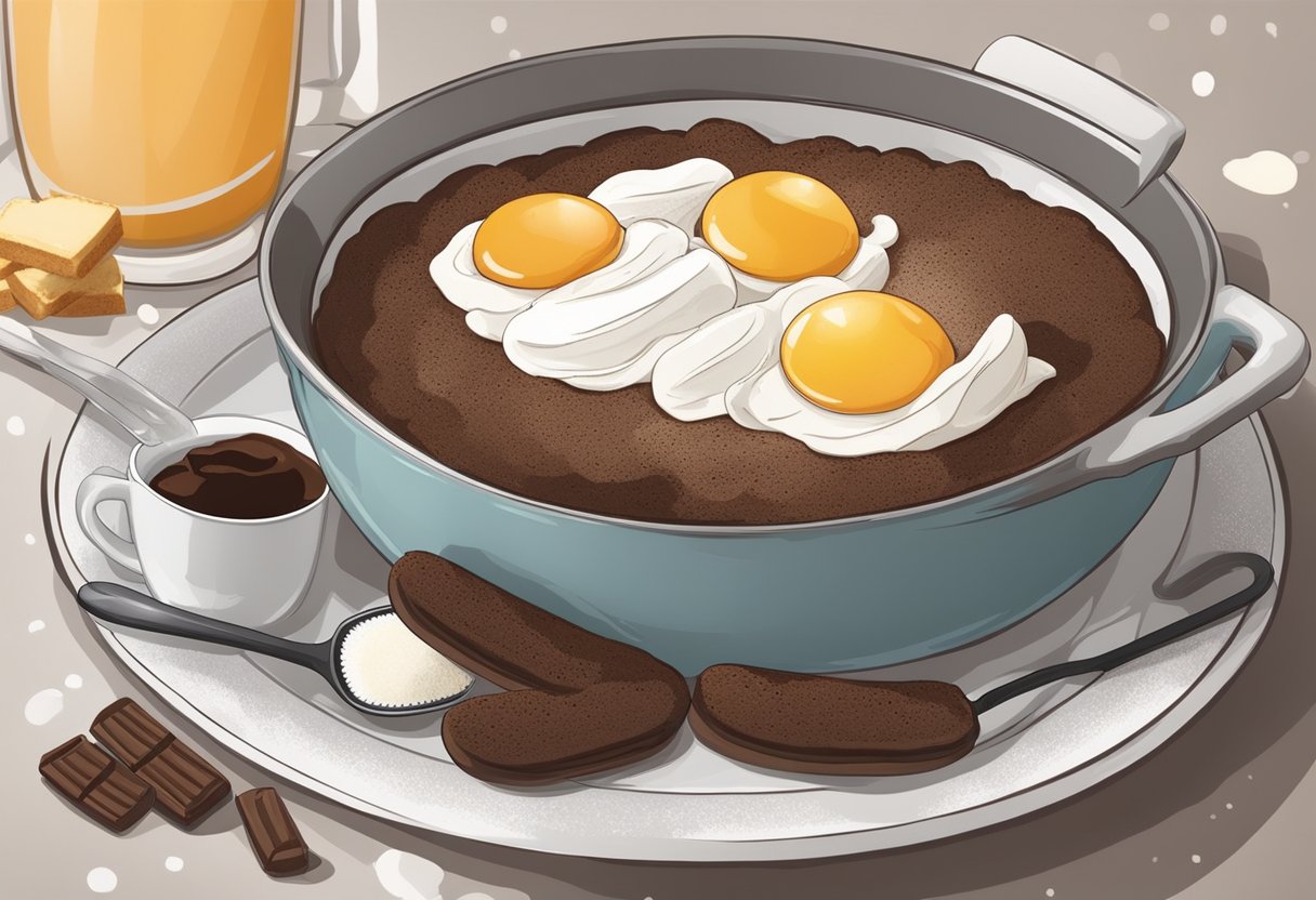 A bowl of mascarpone cheese, eggs, sugar, and coffee-soaked ladyfingers. A spatula mixes the creamy mixture. Cocoa powder sprinkled on top