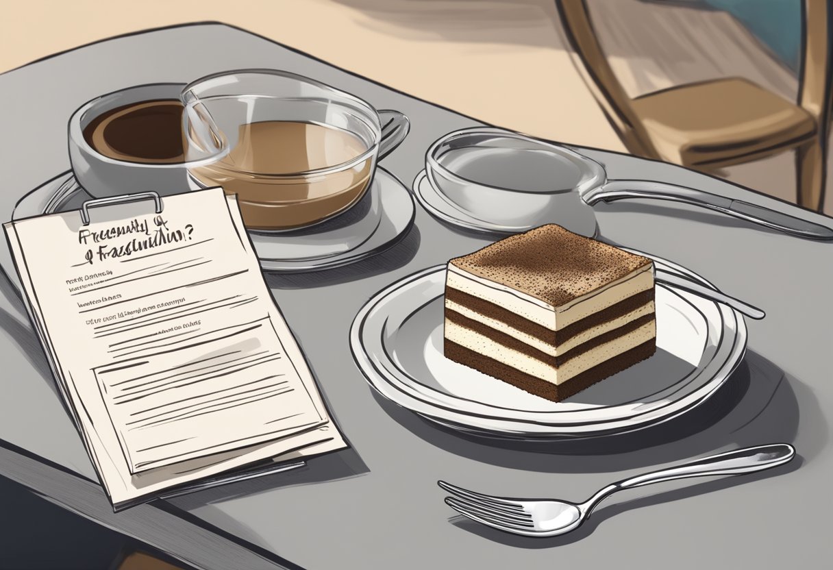 A table set with a slice of tiramisu, a spoon, and a menu with "Frequently Asked Questions" written on it