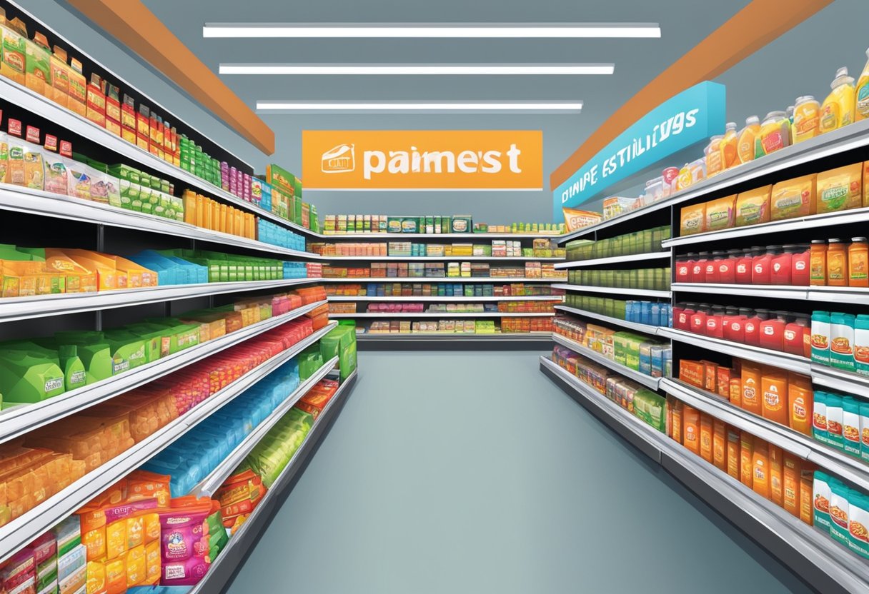 Shelves lined with discounted products, colorful banners promoting savings, and a bustling checkout area at Promotions and Savings giant supermarket in Singapore