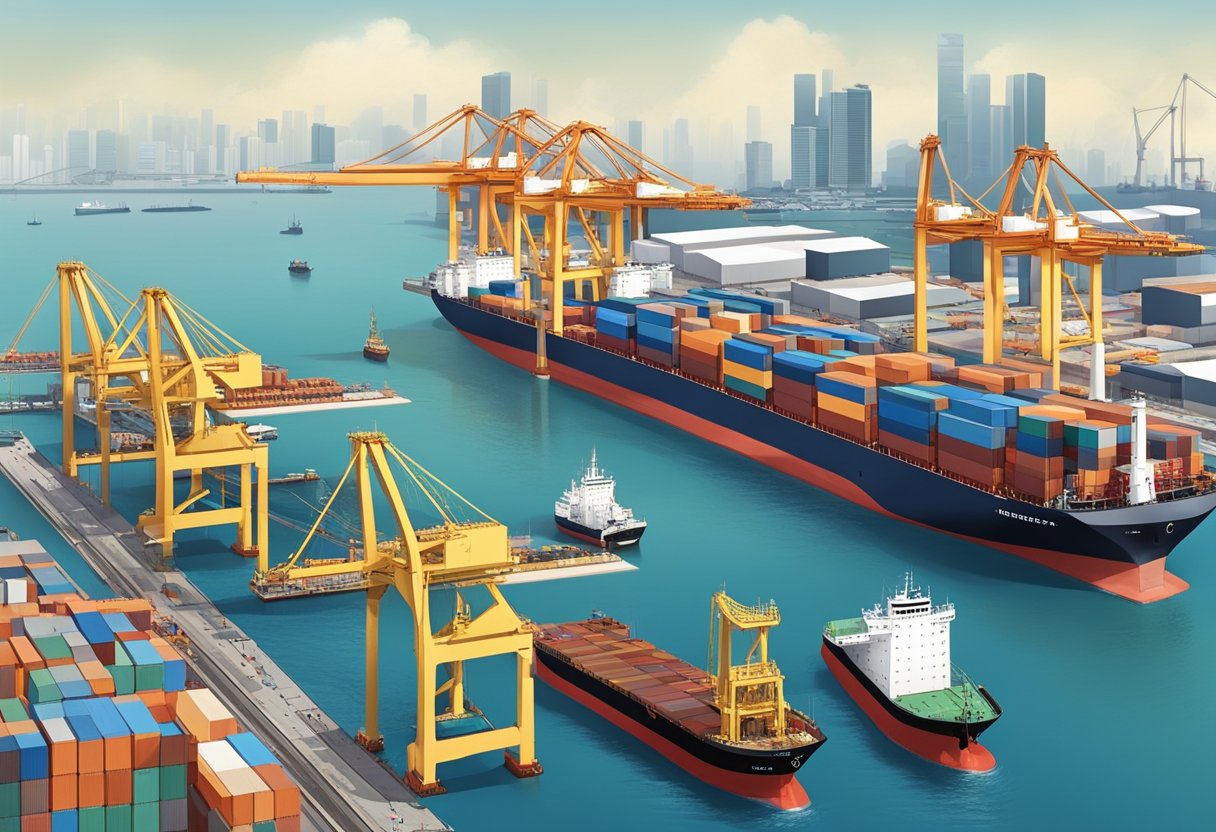 A busy port in Singapore with massive diesel tankers docking and unloading cargo, surrounded by industrial buildings and cranes