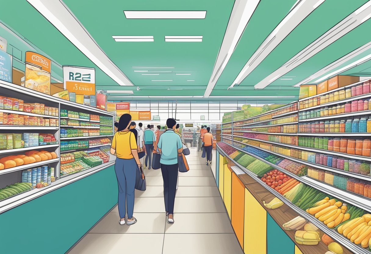 Customers browsing aisles, staff restocking shelves, and a long line at the customer service counter in a bustling giant supermarket in Singapore