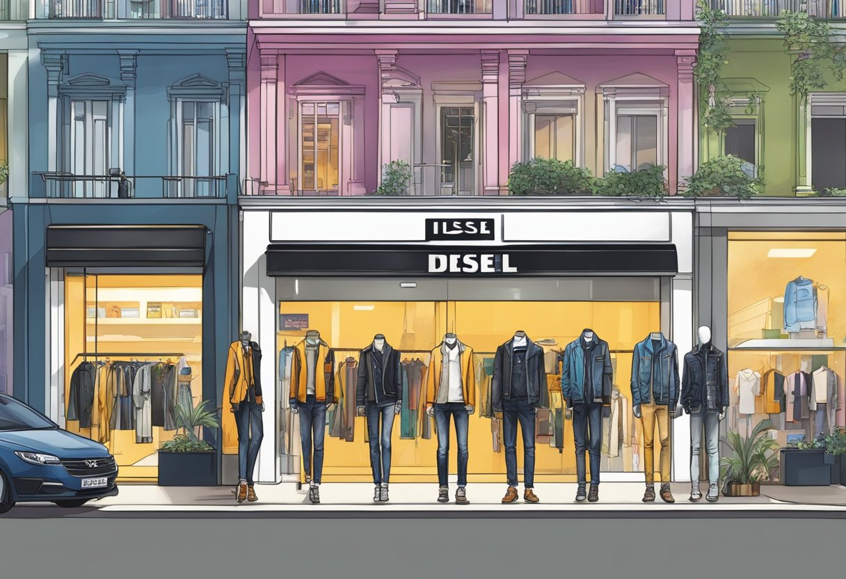 A bustling city street in Singapore showcases a Diesel fashion store with bold, edgy displays and trendy mannequins