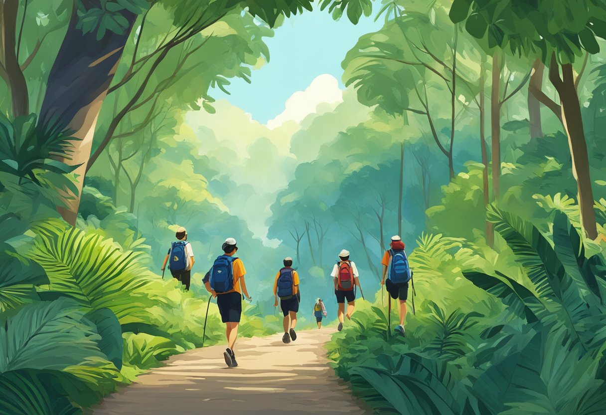 A group of hikers trek through lush greenery in Singapore, passing by towering trees and exotic flora, with a clear blue sky overhead