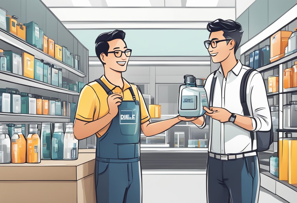 A customer happily receives a well-packaged Diesel product from a friendly salesperson in a modern and stylish Diesel store in Singapore