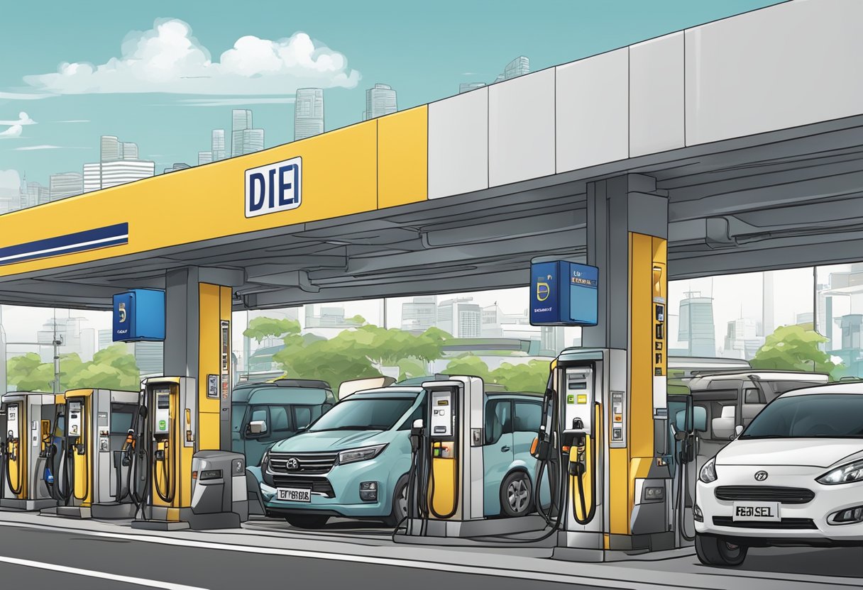 A bustling diesel station in Singapore with vehicles lining up, fuel pumps in action, and a prominent "Frequently Asked Questions" sign