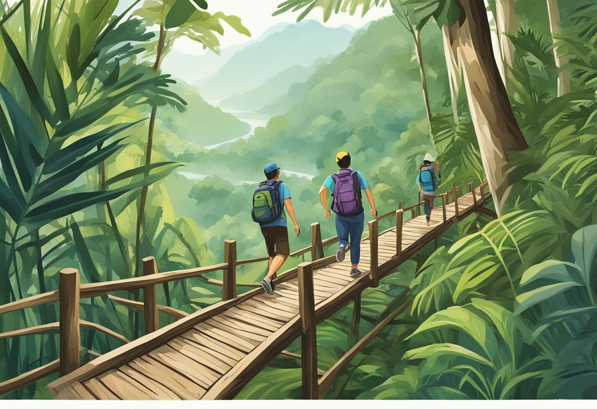 Hikers navigate lush jungle, crossing wooden bridges and climbing steep hills on Singapore's trekking trails