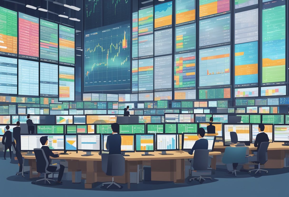 A bustling Singapore stock exchange with charts, graphs, and financial data displayed on screens, showcasing top-performing dividend stocks