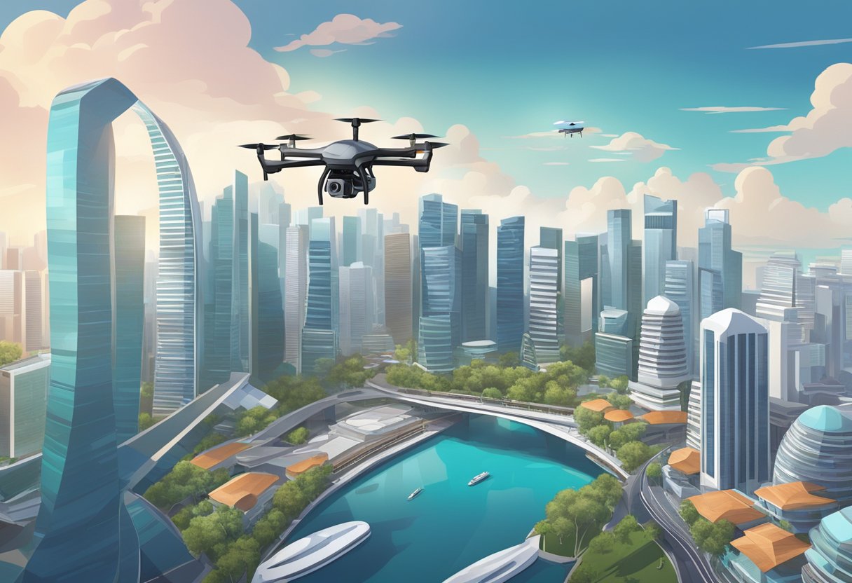 A drone hovers over the urban landscape of Singapore, capturing the iconic skyline and futuristic architecture