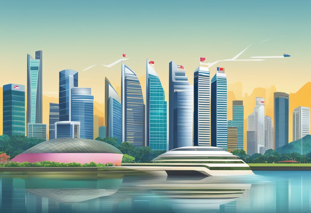 A Singapore skyline with prominent dividend-paying company logos and a rising stock chart in the background