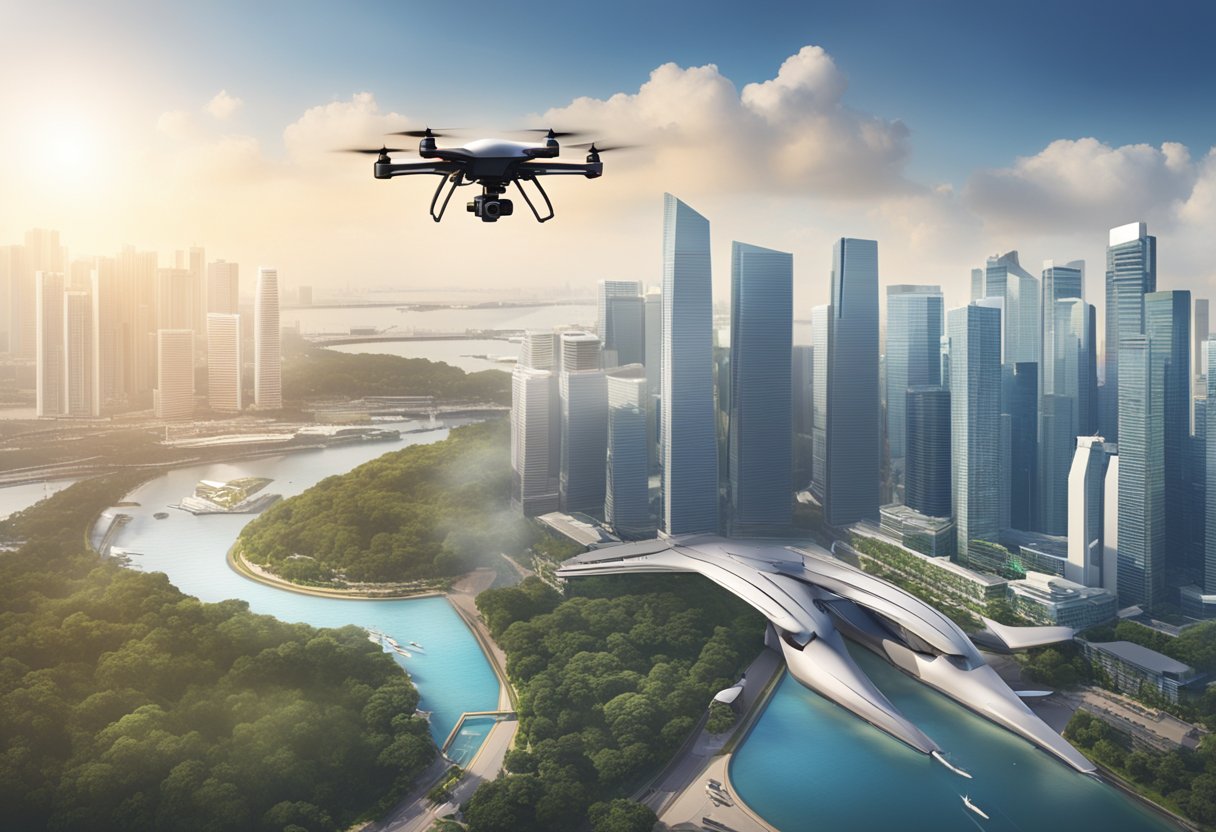 A drone hovers over a city skyline in Singapore, with clear signage displaying drone flying regulations in the foreground