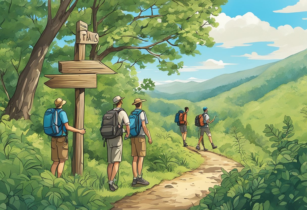 Hikers gather around a signpost, pointing to various trails. Lush greenery and a clear blue sky provide a picturesque backdrop