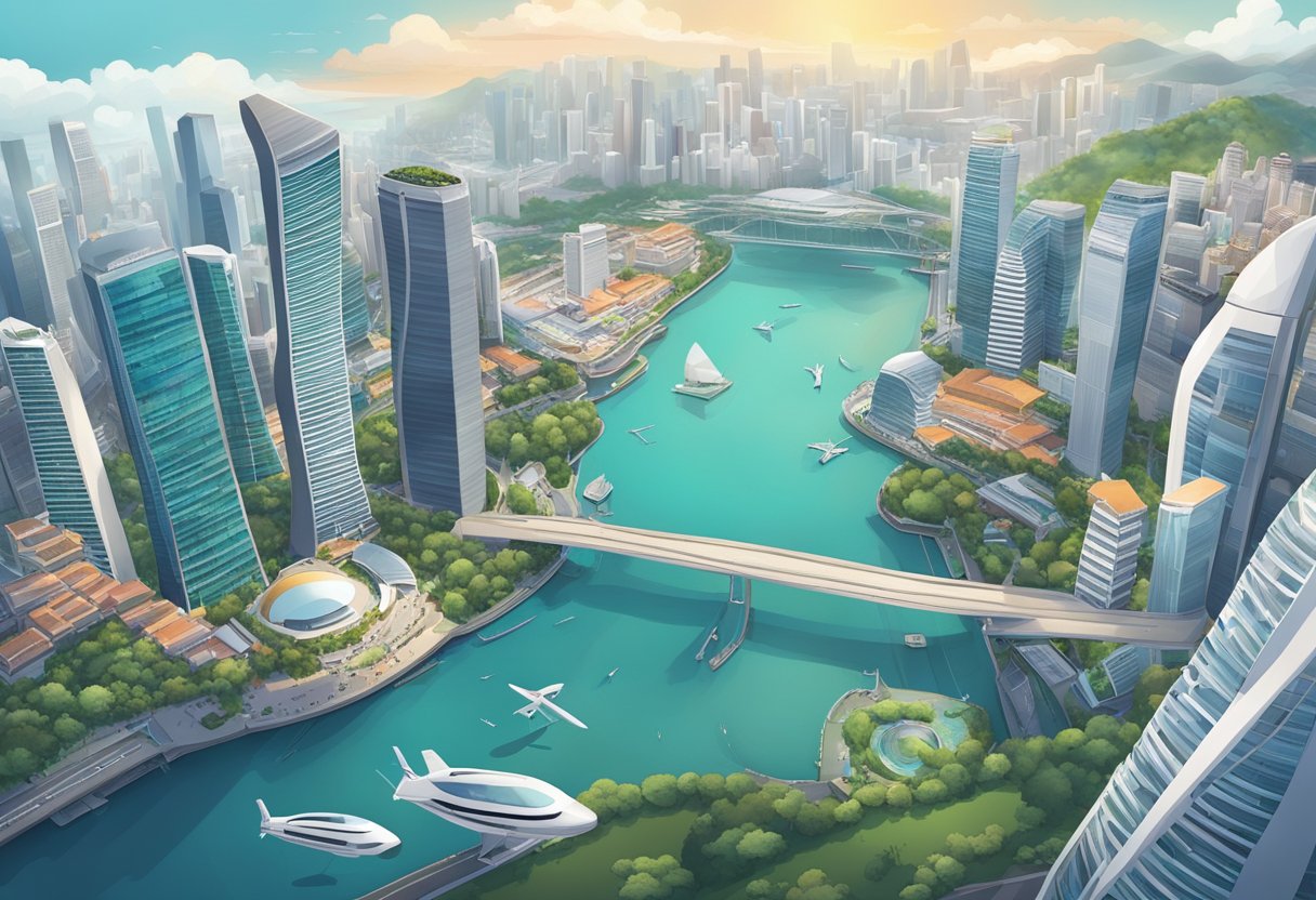 A drone hovers over a bustling cityscape, capturing stunning aerial views of Singapore's iconic landmarks and bustling streets