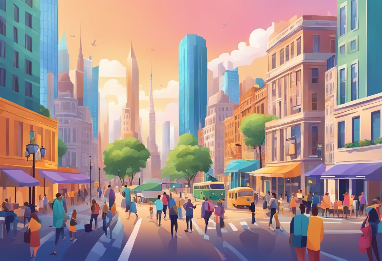 A vibrant cityscape with iconic landmarks, bustling streets, and diverse people enjoying the urban lifestyle