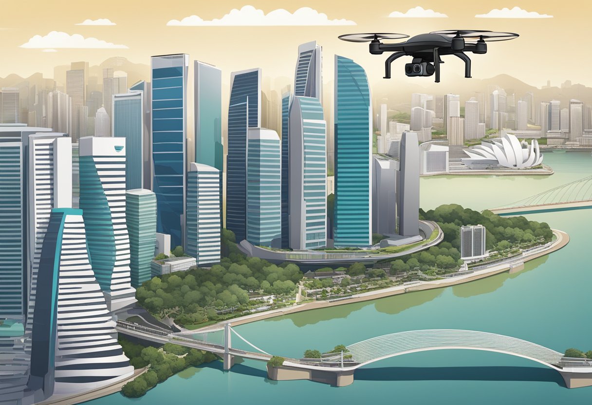 A drone hovers over Singapore's skyline, capturing the city's iconic landmarks and bustling streets below