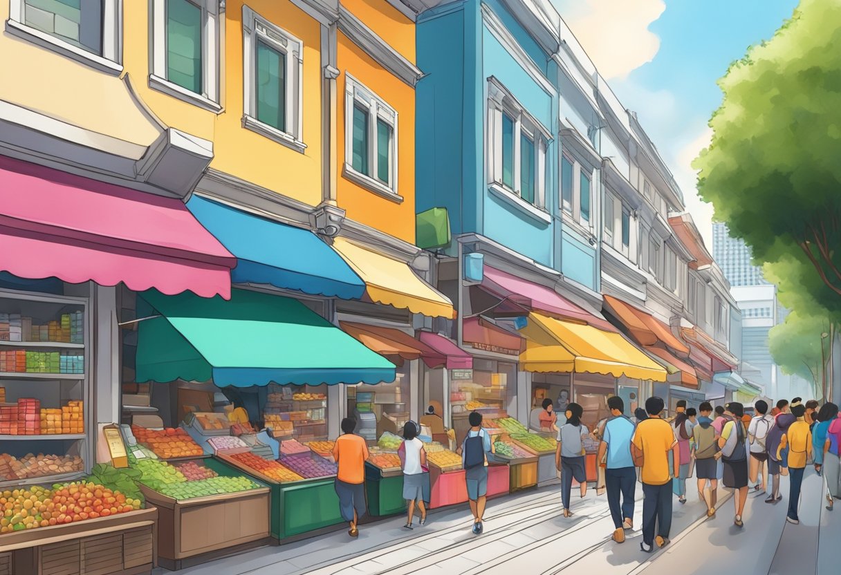 A bustling street in Singapore, with colorful storefronts and crowded sidewalks, showcasing the vibrant atmosphere of a value shop