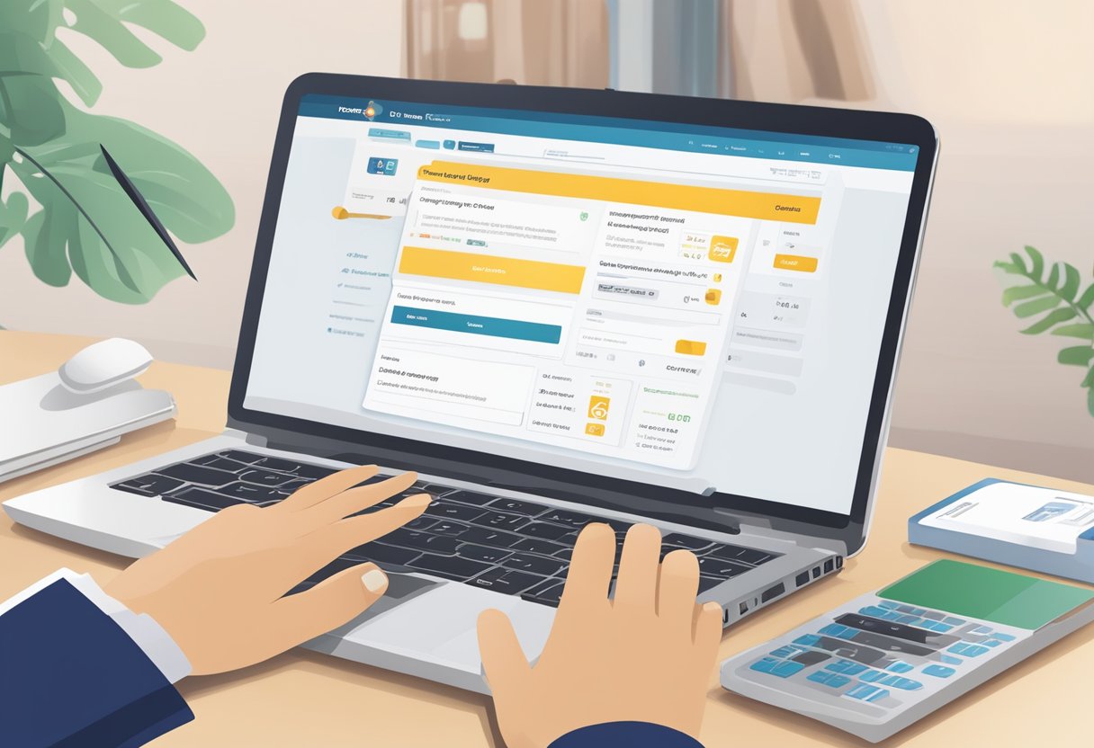 Passengers booking tickets online with Easybook Singapore. A computer screen displays the website, while a hand hovers over a mouse to click "confirm."